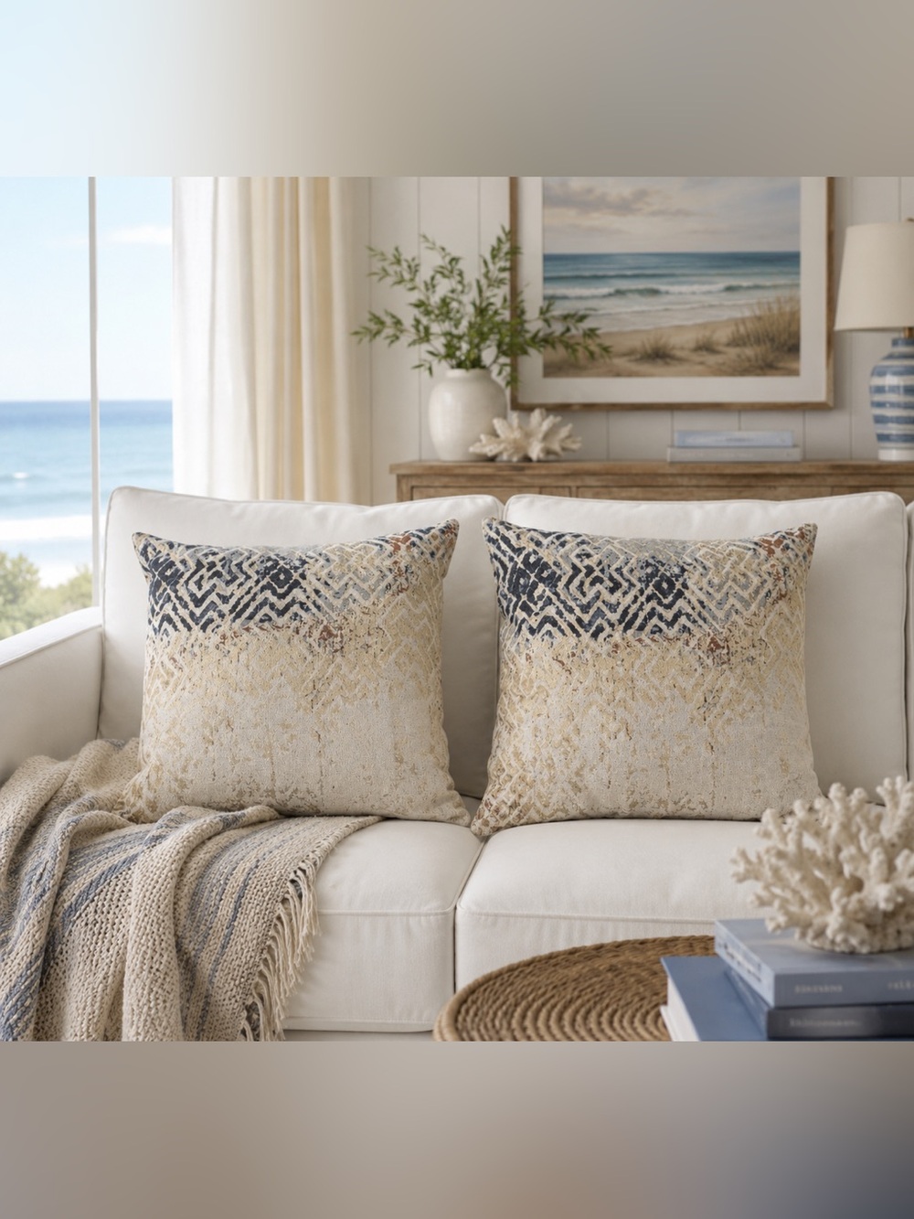 Rizzy Home Coastal Boho Throw Pillow Covers Set of 2 18x18 Neutral Blue Cream